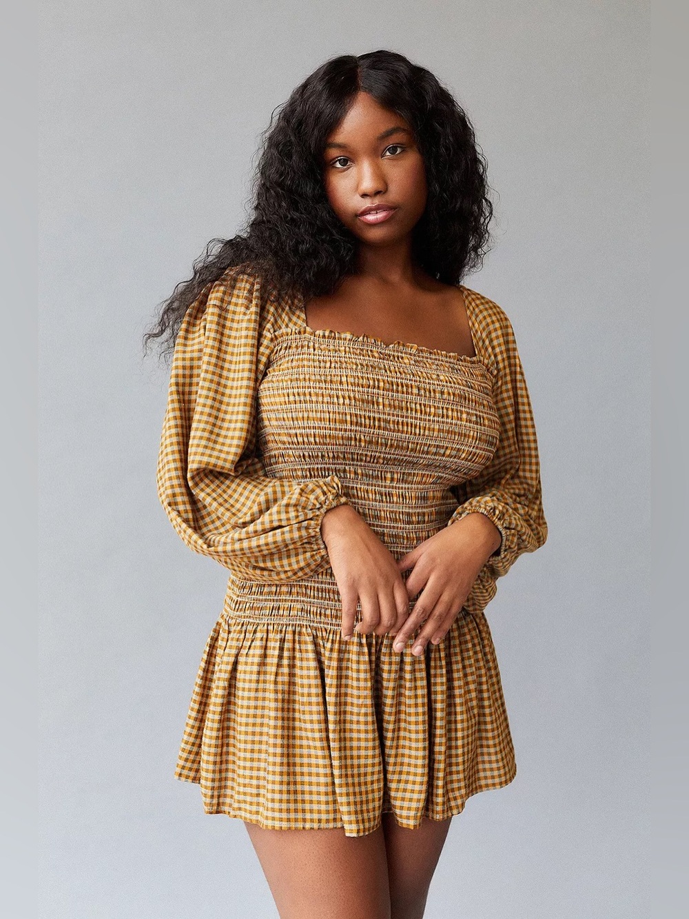 Urban Outfitters UO Francis Smocked Checkered Plaid Long Sleeve Mini Dress XS